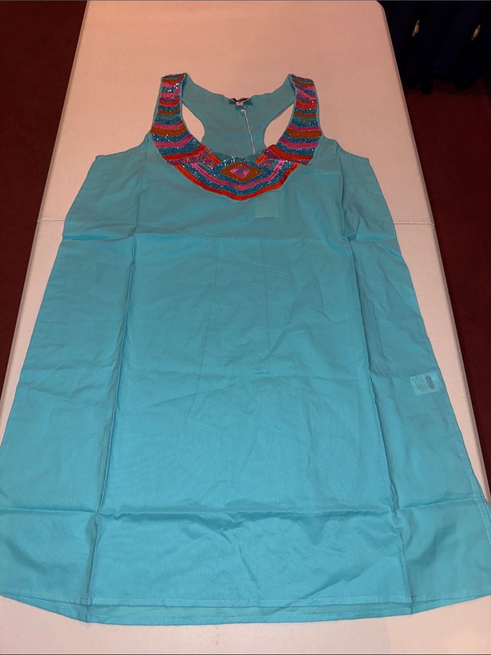 Mud Pie Turquoise Tank Top with Multicolor Beaded Neckline